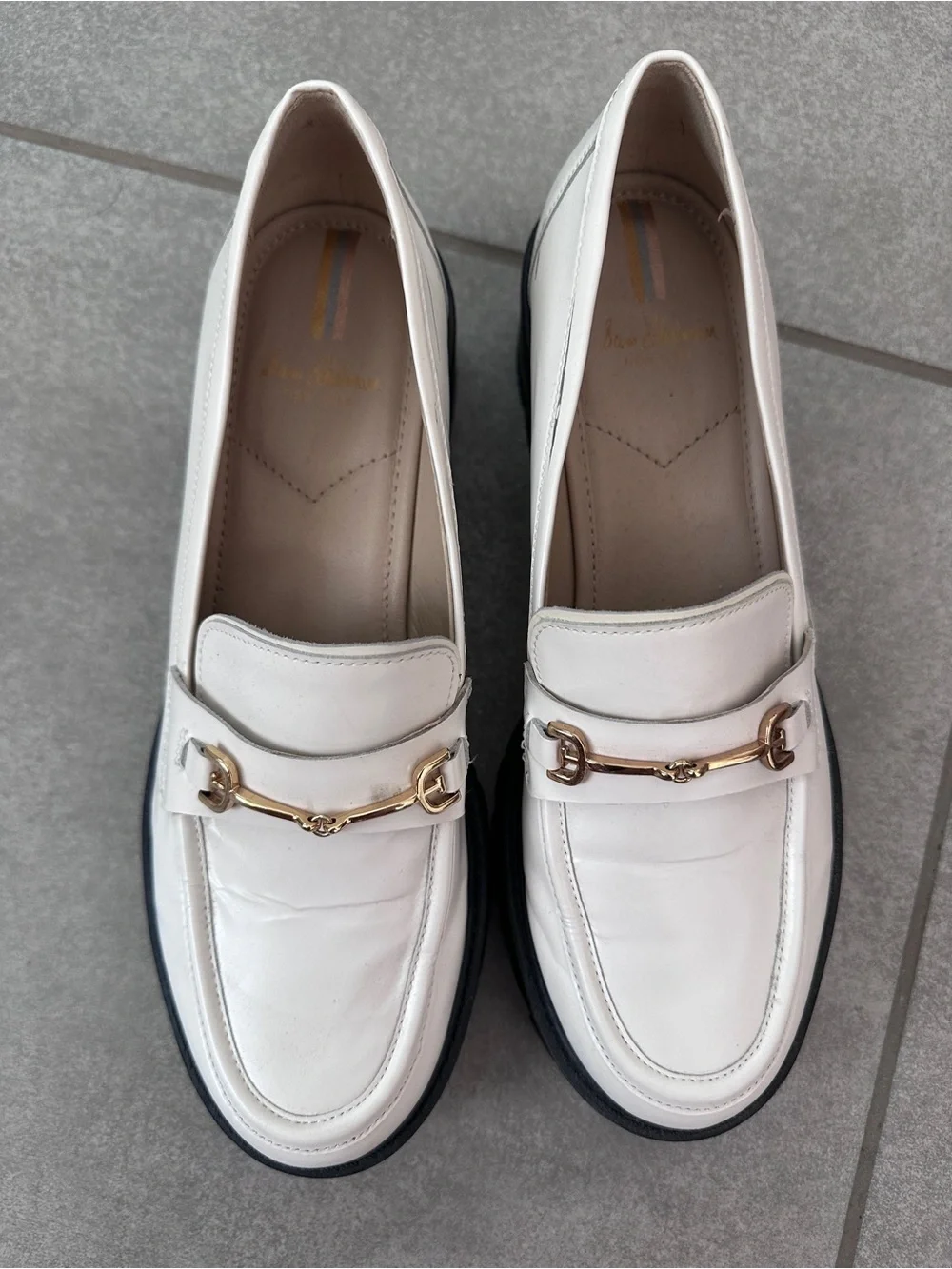 Sam Edelman White Leather Loafers with Gold Horsebit